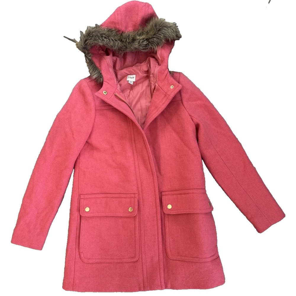J Crew Chateau Parka Women‎ 00 Coral Pink Wool Blend Faux Fur Hood Winter Jacket